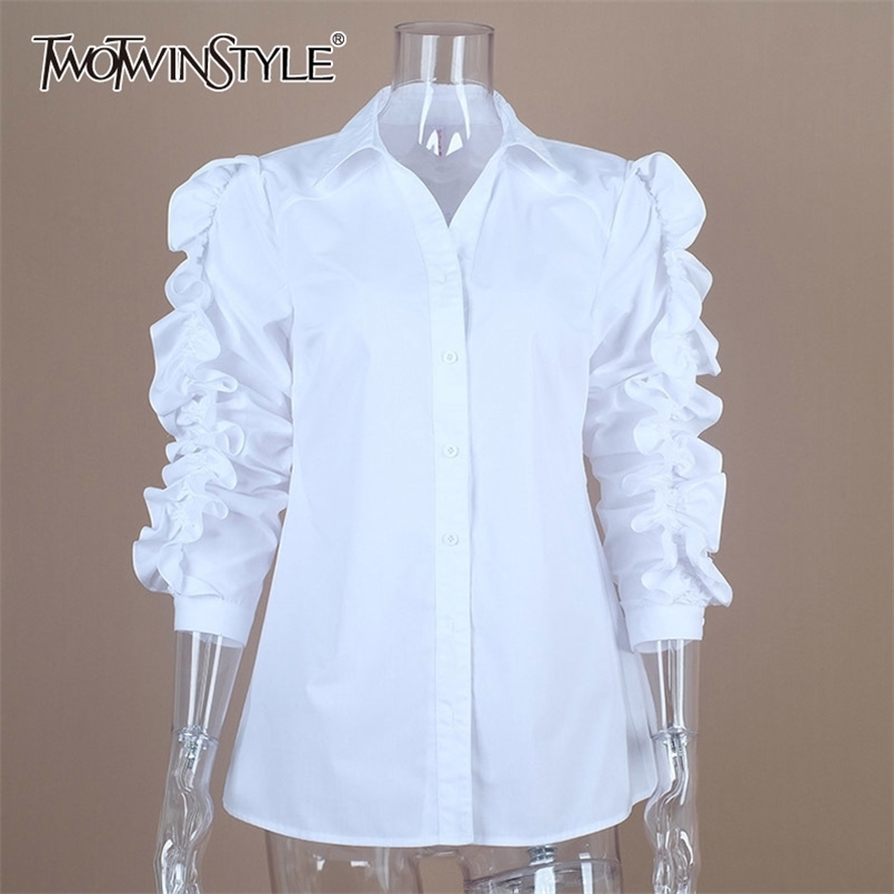 

White Patchwork Ruffle Blouse For Women Lapel Long Sleeve Drawstring Casual Shirt Female Fashion Clothing 210524