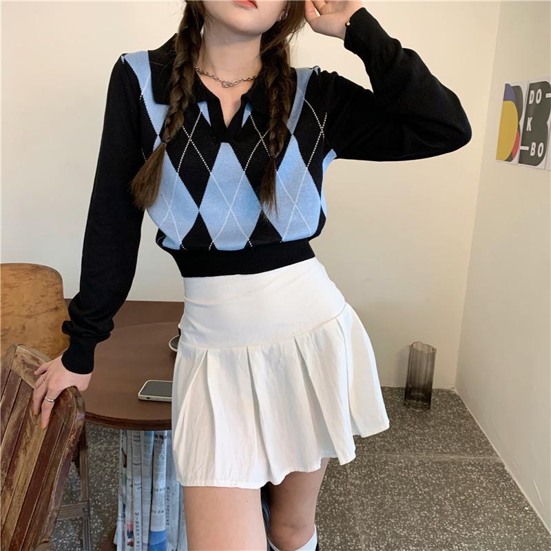 

Women's Sweaters College Style Rhombus Color-Block Neck Rac, White;black