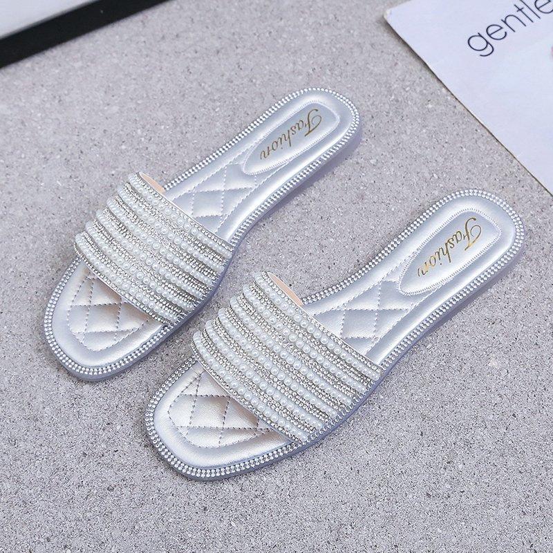 

Slippers 2021 Women High Quality Elegance Pearl Decoration Upper Flat Shoes Summer Beach Sandals Office Silver Woman Flip Flops, Beige