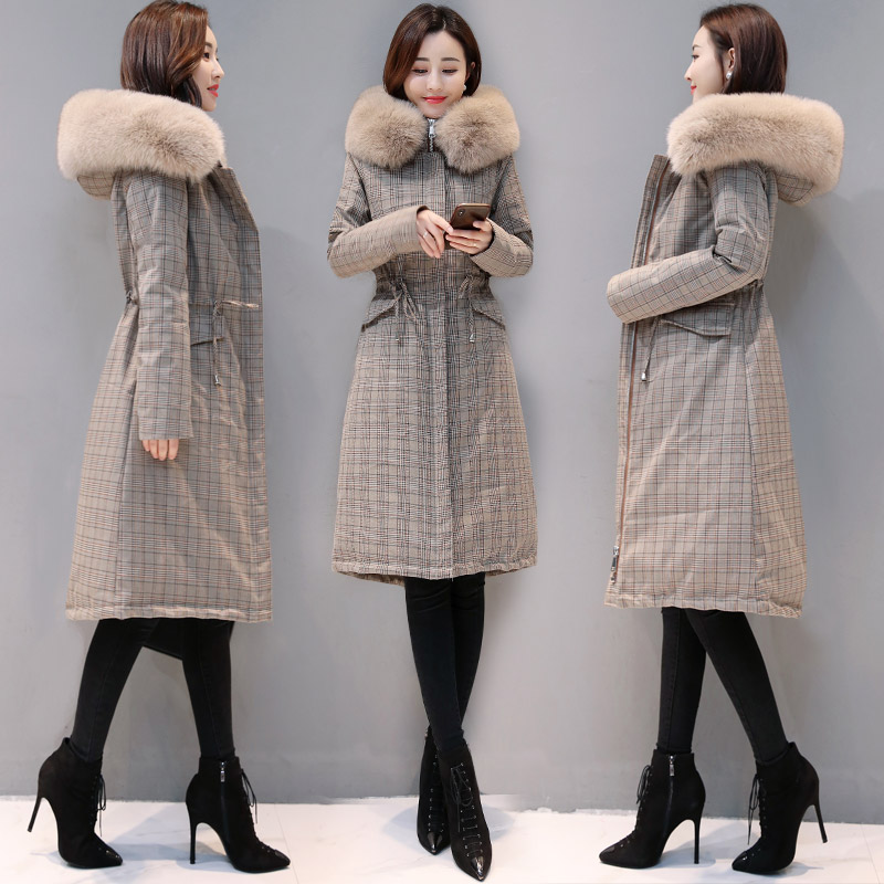 

Down jacket womens 2021 new winter over knee fashion thickened waist real fox big fur collar Plaid white down jacket 0021, Tan;black