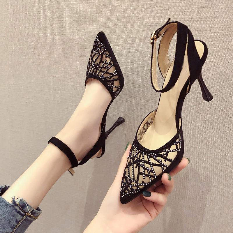 

Close Toes High Heeled Sandals Woman Fashion Sexy Summer Heels Women Rhinestone Mesh Shoes Ankle Buckle Strap BLACK