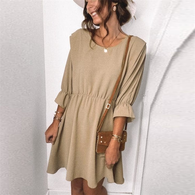 

Spring Summer Dress Women Casual O Neck High Waist Half Sleeve Mini Fashion Solid Color Stitching es Female 210526, Khaki