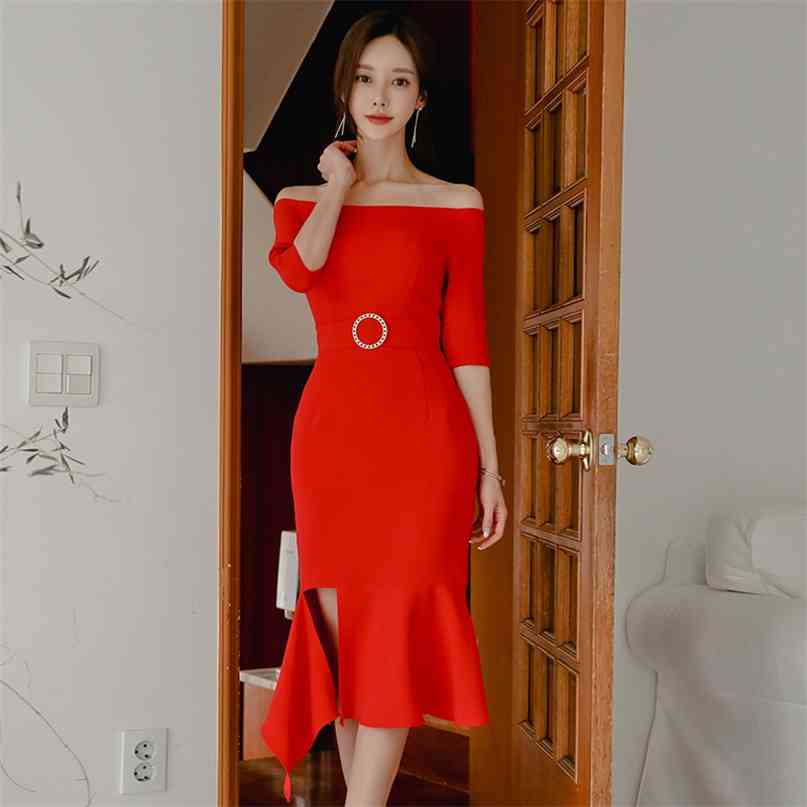 

Sexy Women Red Bodycon Dress Slash Neck Off Shoulder Half Sleeve Midi Elegant Ladies Evening Party Vestidos 210603