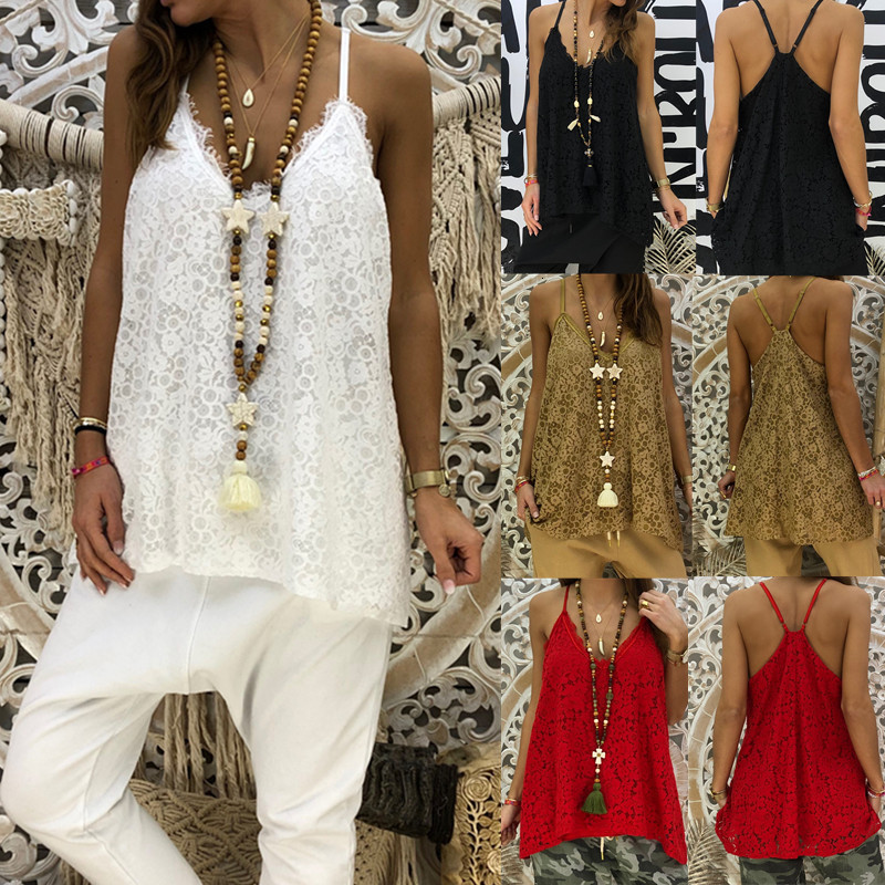 

v-neck summer 2019 lace sleeveless tank t-shirt, White