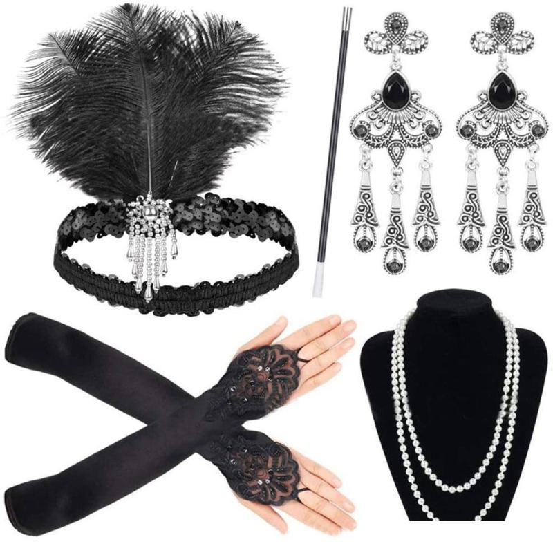 

Hair Clips & Barrettes Gatsby 1920s Bachelor Party Retro Feather Headband Set, Headdress Necklace Gloves Smoking Rod Cosplay, Golden;silver