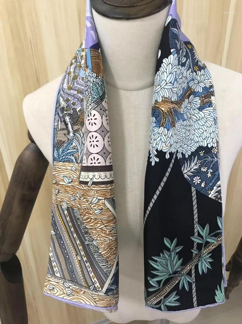

Scarves 2021 Arrival Winter Autumn Classic Pattern 100% Pure Silk Scarf Twill Hand Made Roll 90*90 Cm Shawl Wrap For Women Lady, Blue;gray