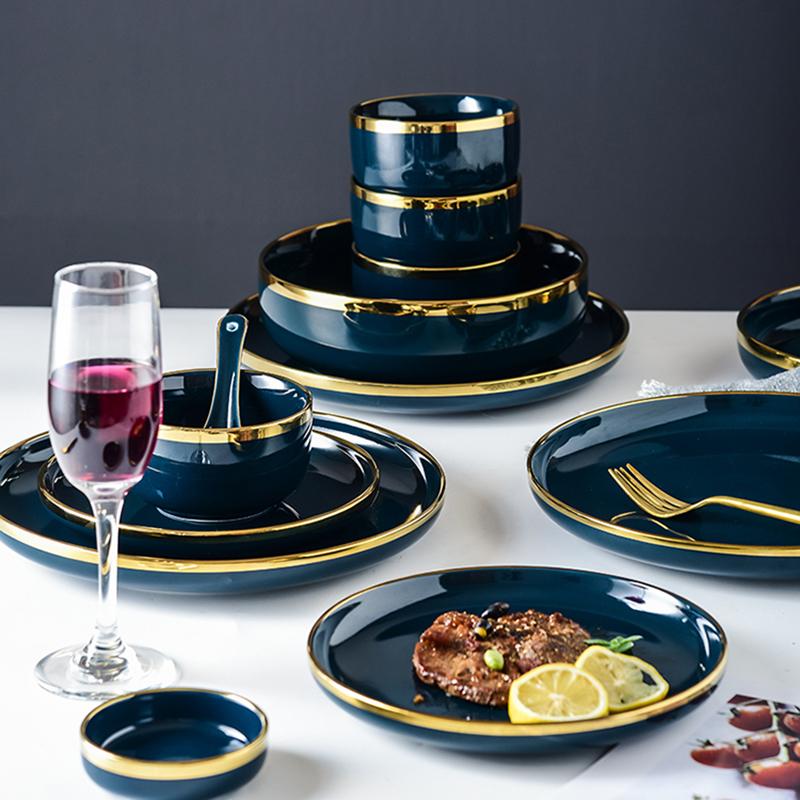 

Dishes & Plates Blue Porcelain Plate, Luxurious Tableware, Gold, Ceramics, , Salad, Restaurant Bowl, Restaurant. Jinpan