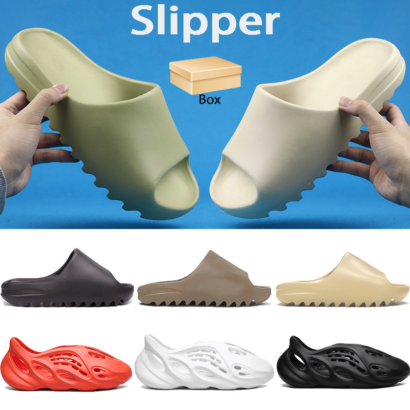 

With box Men Women Fashion Flat Slides slipper shoes resin bone earth brown soot triple black total orange foam runner mens sandals