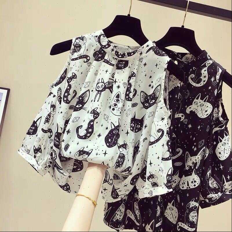 

cute cat print autum harajuku women blouses gothic kitten short sleeve loose fashion summer street casual femme shirt, White
