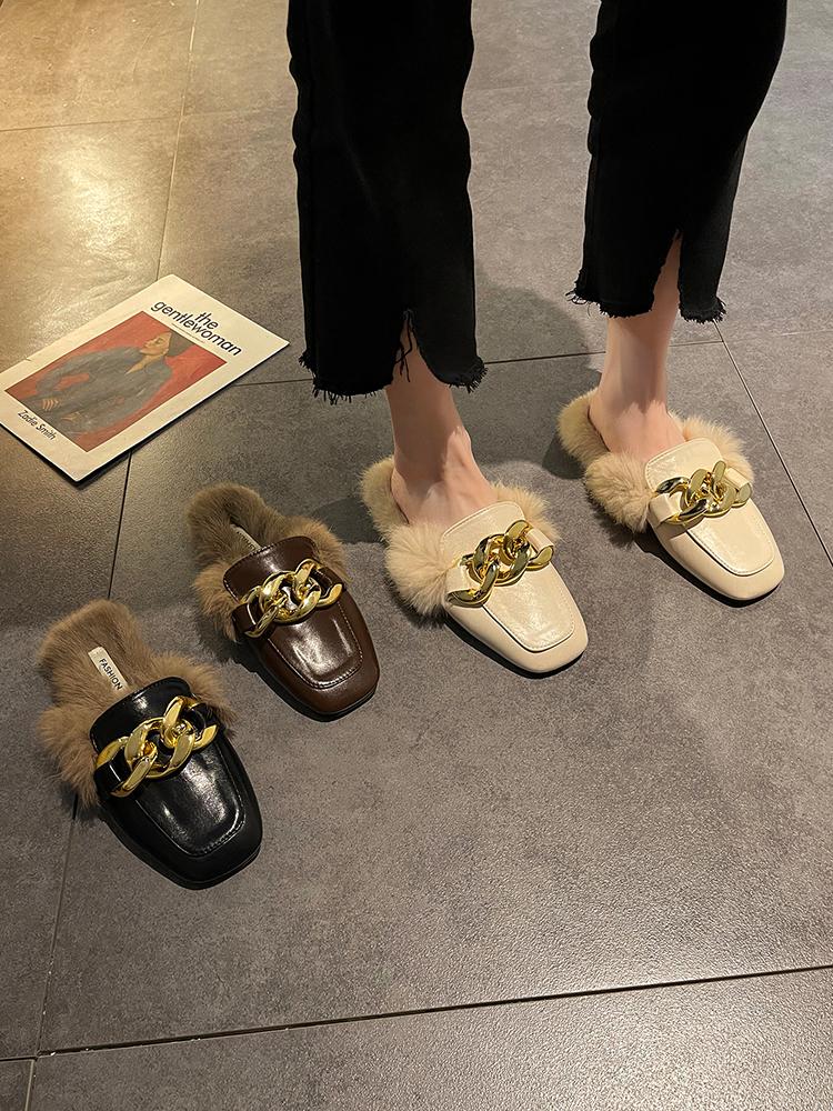 

Slippers LazySeal Winter Real Fur Metal Chain Mules Women Shoes Loafers Round Toe Casual Furry Slides Fluffy Hairy Flip Flops, Beige