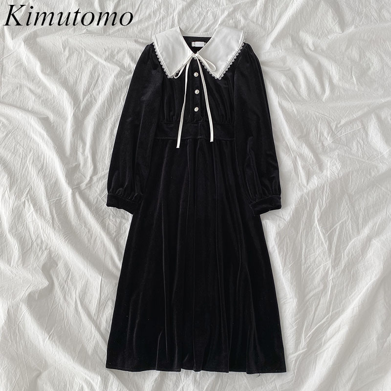 

Kimutomo Casual Fashion Black Dress Women Retro Hepburn French Style Ladies Peter Pan Collar Slim Velvet Vestido Elegante 210521