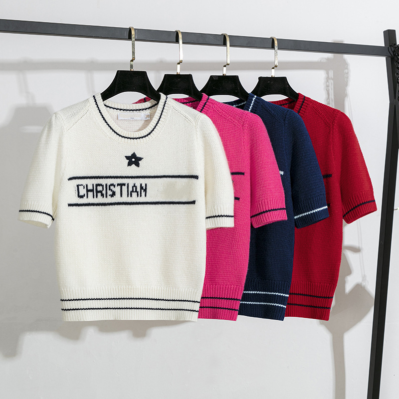 

2 2022 Spring Summer Brand Same Style Sweater Crew Neck Pink Red Blue White Short Sleeve High Quality Womens Cardigan yidao