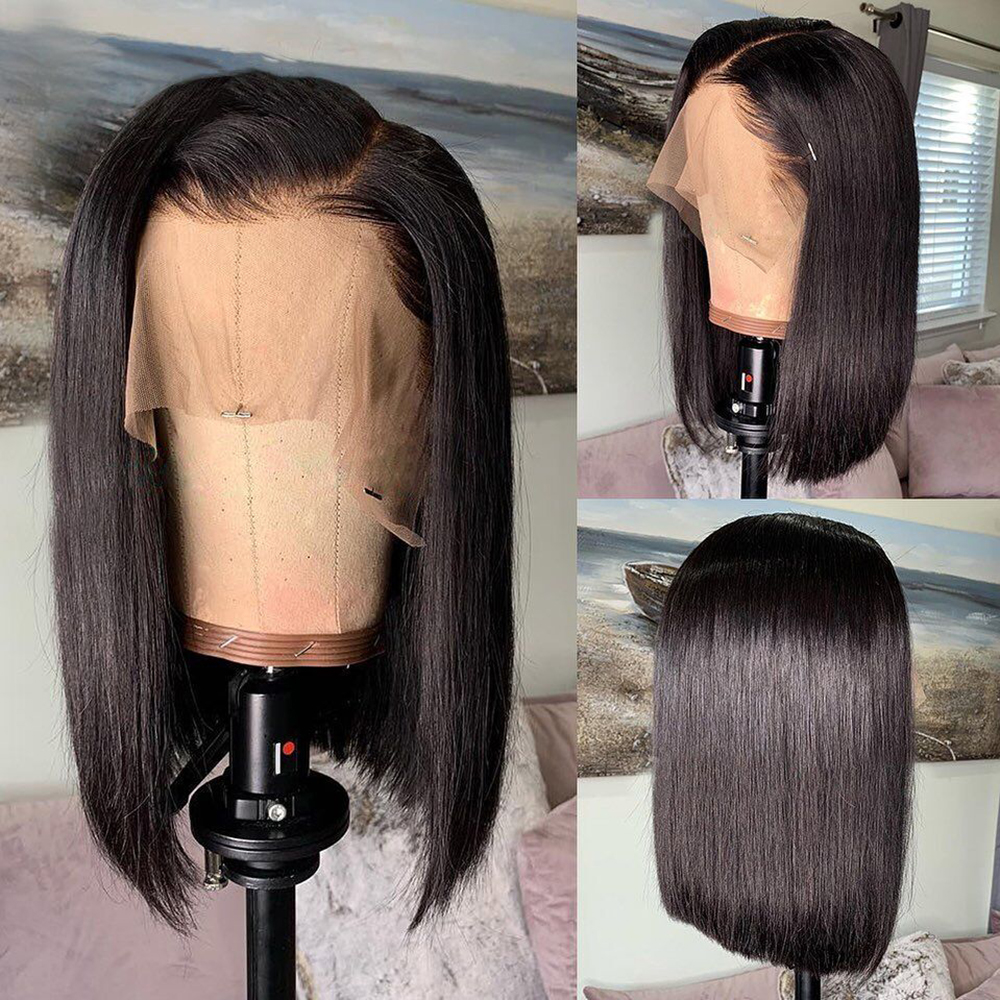 

short bob lace front human hair wigs brazilian straight remy 5x5 lace closure bob wig 150 pre plucked transparent lace wig, Natural color