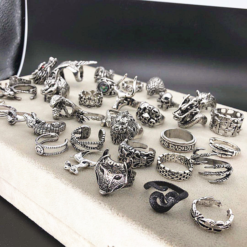 

20pcs/lot Vintage Punk Antique Silver Color Metal Band Skull Snake Rings For Men Women Mix Style Party Gifts Adjustable Opening Jewelry Wholesale Bulk Lots