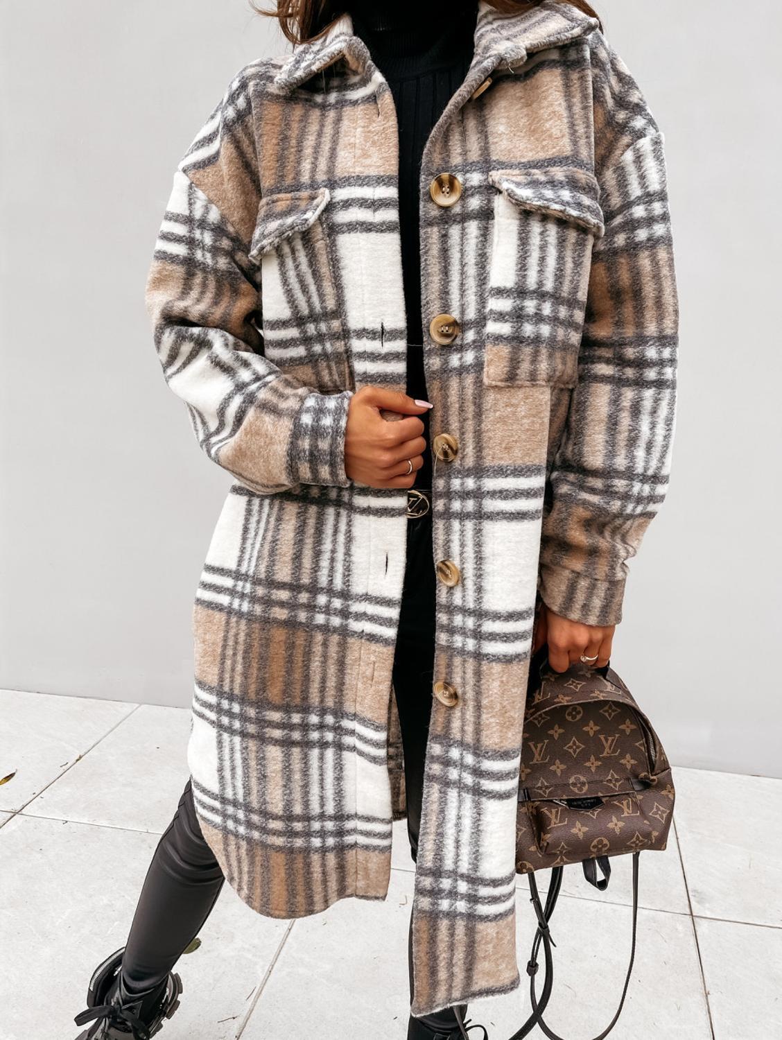 

Plaid Long Coat Women Autumn Spring Long Sleeve Loose Pockets Coats Ladies Casual Jacket Elegant Outwear Overcoat Clothing 210521