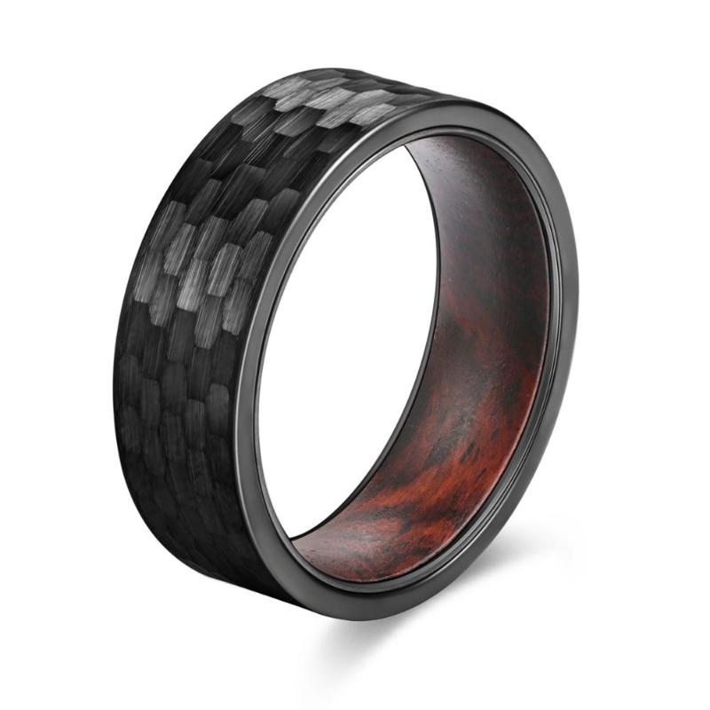 

Cluster Rings POYA Tungsten Wedding Band 8mm Black Hammered Promise Ring With Snake Wood Inside Comfort Fit
