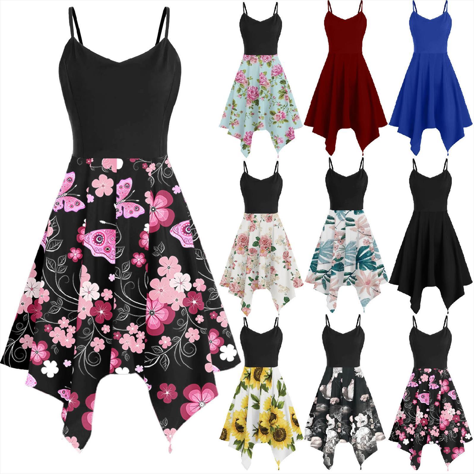 

summer bohemian plus size womens dress v neck solid sleeveless sling asymmetric camis handkerchief, Black;gray