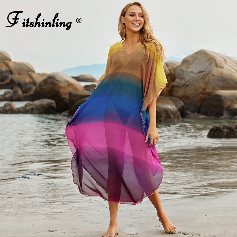 

Fitshinling Summer Chiffon Long Dress Beach Swimwear Transparent Sexy Tie Dye Colorful Robe Split Holiday Maxi Boho Pareos 2021