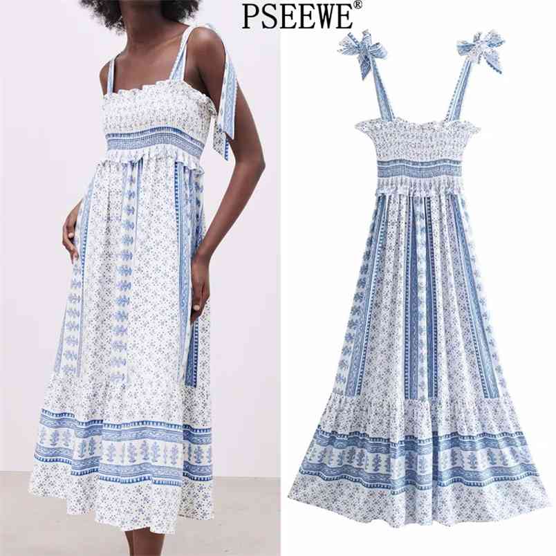 

Dress Women White Print Strappy Long es Woman Summer Wide Straps Ruffle Elastic Backless Boho Beach 210519, Blue
