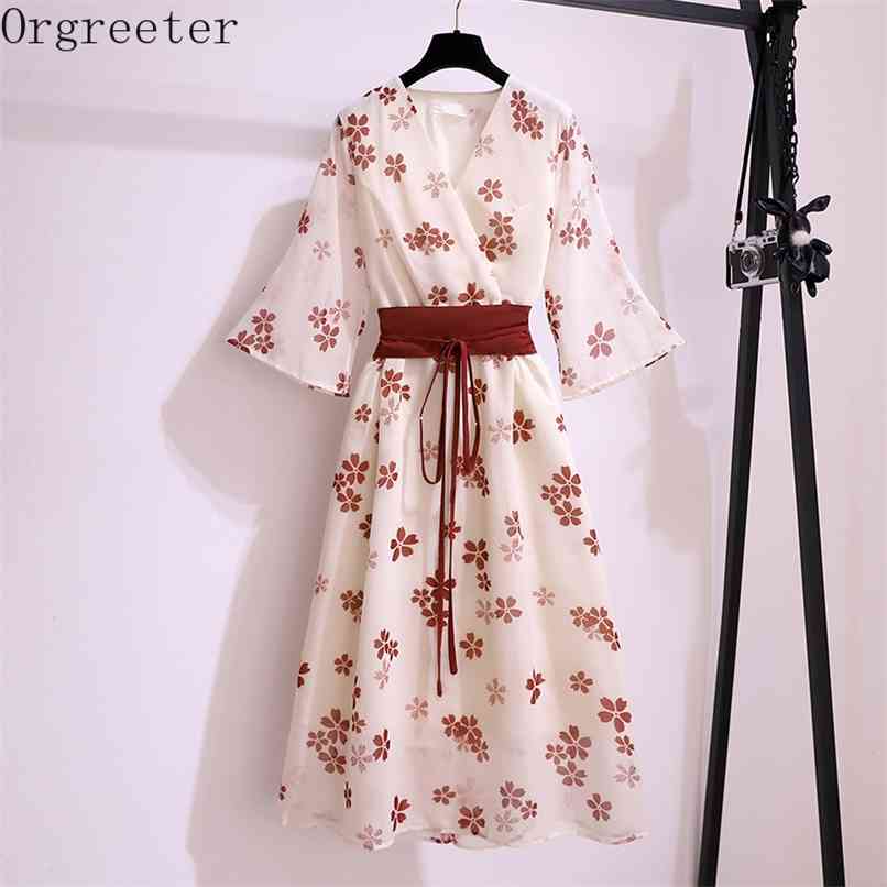 

Floral Printted Vintage Dress SummerV-neck Short Sleeve Slim Chiffon A-line Female Plus Size S- 210602, Beige