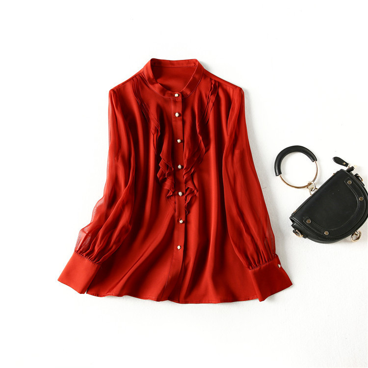 

Women' Blouses & Shirts European and American women' clothing The spring Long sleeve flounce side single breasted Fashion silk shirt ATSN, Black