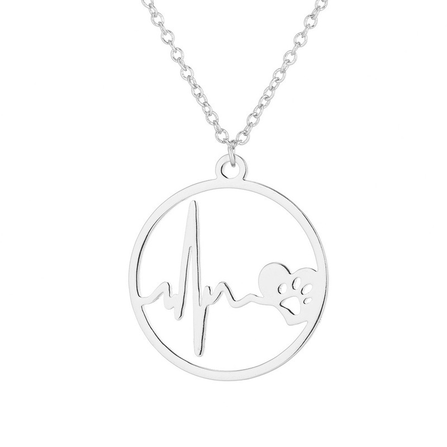 

Hollow Heartbeat Necklace Chains Stainless Steel Gold Ring Paw Heart Beat Pendant Necklaces for Women Men Fashion Jewelry, Silver