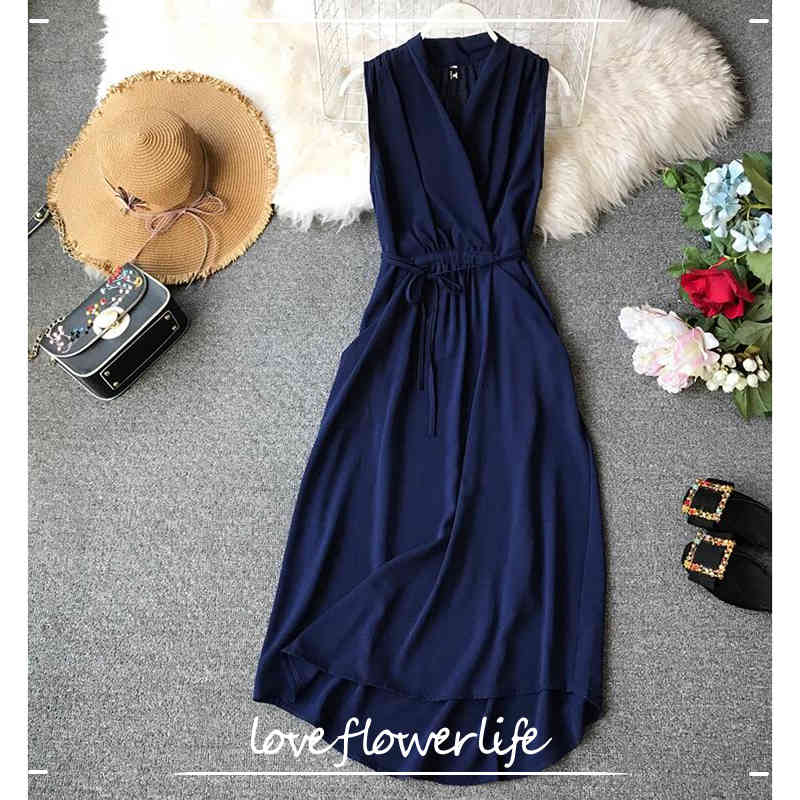 

Sleeveless Sexy Dress Korean Version Women Summer Chiffon Dresses V-Neck Slim Solid Party Beach Dress Elegant Vestidos 210521, Black