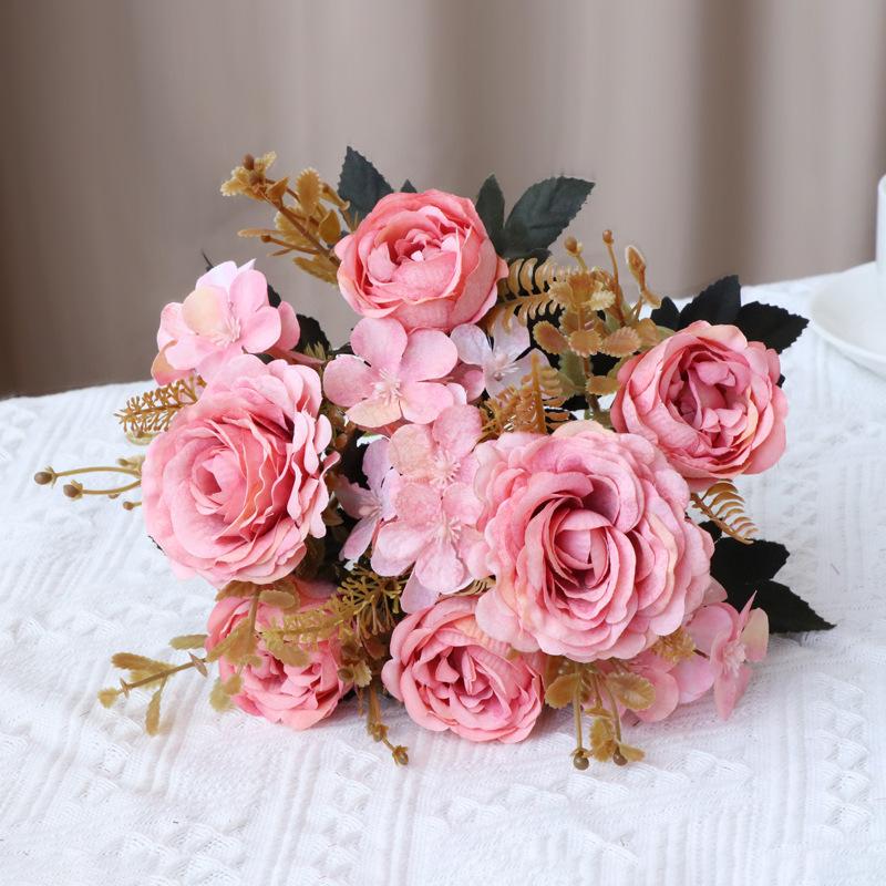

Decorative Flowers & Wreaths Artificial Silk Roses Bride Bouquet Home Decor Autumn Wedding Accessories Clearance Garden Fake Peony Hydrangea, Pink
