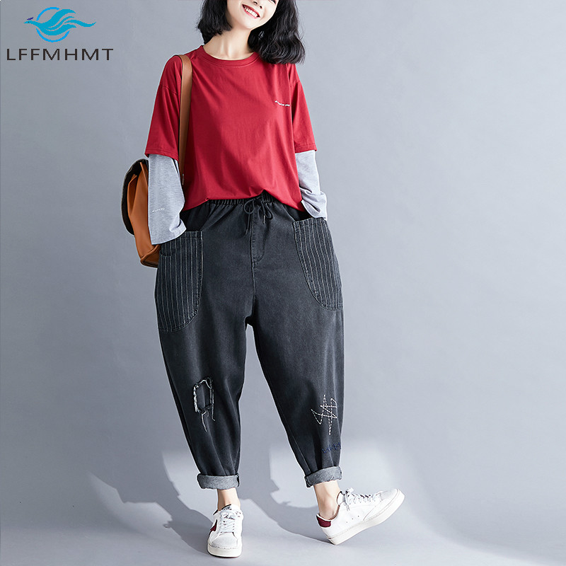 

20118816 women spring autumn fashion korean style large size harem denim pants office lady vintage patchwork loose casual jeans tide, Blue