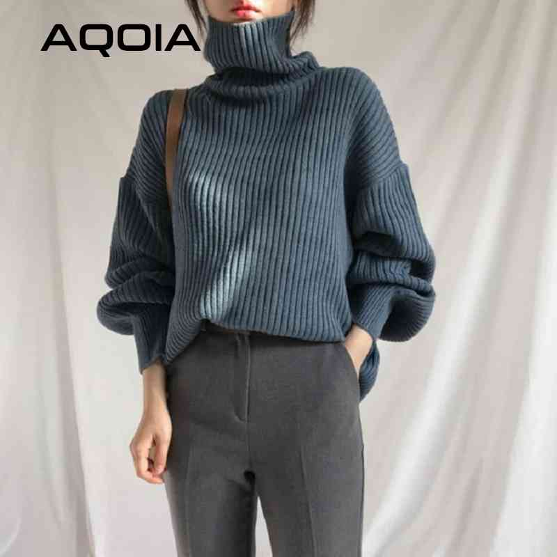 

Vintage Thicken Striped Women Sweaters Autumn Winter Turtleneck Pullovers Jumpers Female Korean Knitted Tops femme 210521, Random color
