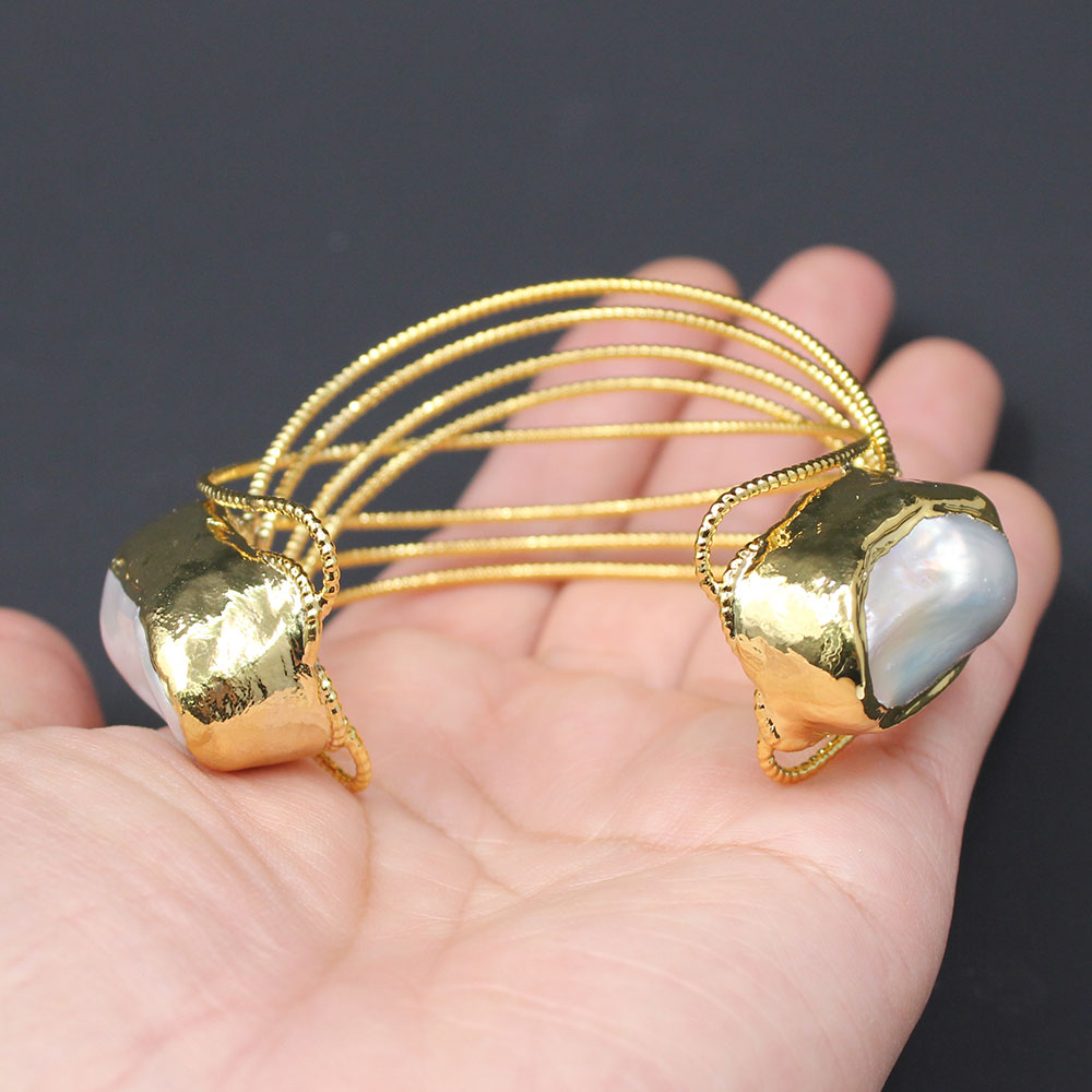 

GuaiGuai Jewelry Natural White Baroque Pearl Bangle Yellow Gold Plated Big Keshi Pearl Bracelet For Women