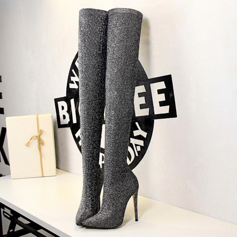 

Spring The Listing Women's Sexy High Boots Sequined Cloth Super Heel Modern Fashion Mature Shoes, Black