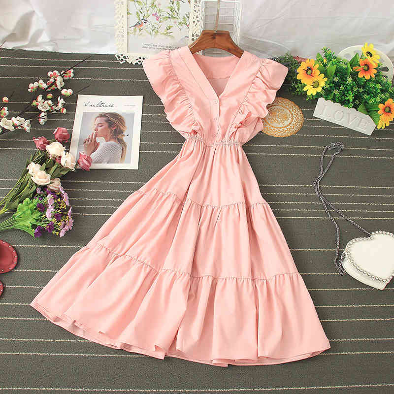 

Women's Spring Summer High Waisted V Neck Ruffled Sleeveless Dress Solid Casual Waist Ladies 210520, Pink