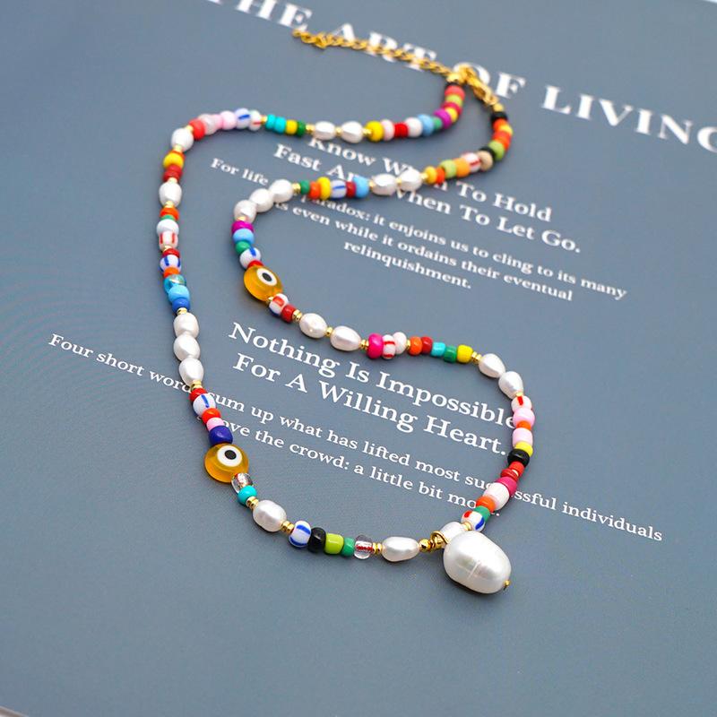 

Chokers Minar Bohemia Rainbow Beads Glass Necklaces For Women Irregular Natural Freshwater Pearl Beaded Chains Necklace Gifts