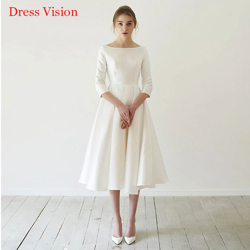 

Simple Satin Tea-length Robe De Mariee Vestido Wedding Dress Robe De Soiree Simple Robe De Soiree Vestido Novia A-line, White