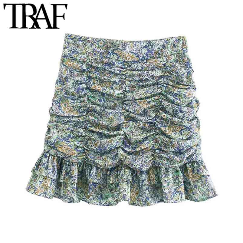 

TRAF Women Chic Fashion With Ruffled Pleated Printed Mini Skirts Vintage High Waist Back Zipper Female Skirts Mujer 210721, As picture