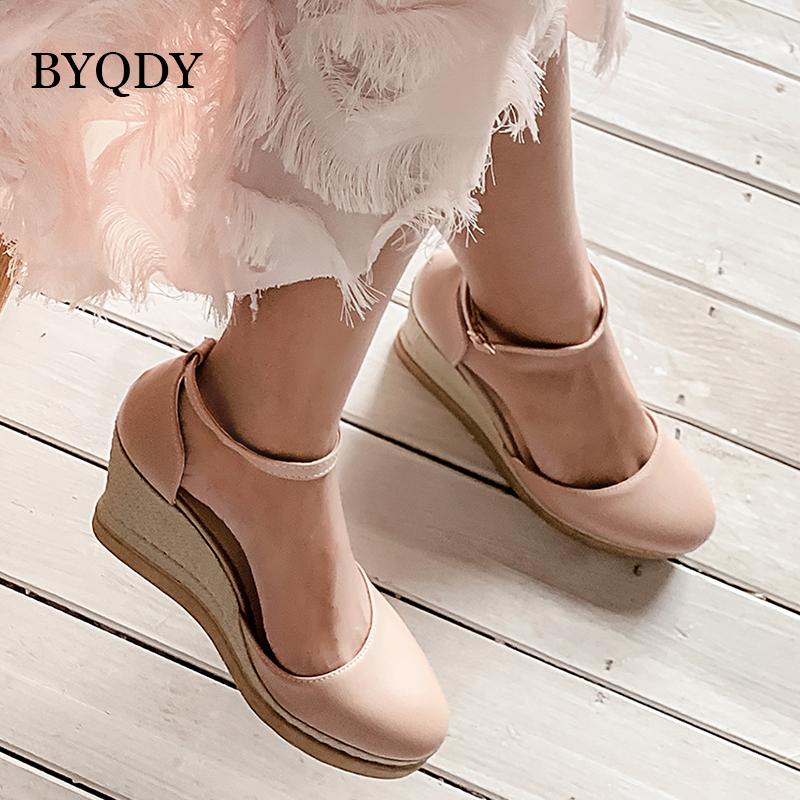 

Sandals BYQDY Platform High Heels Shoes Women Wedges Block 9cm Closed Toes Handmade Summer Soft Leather Casual Chaussures, Black