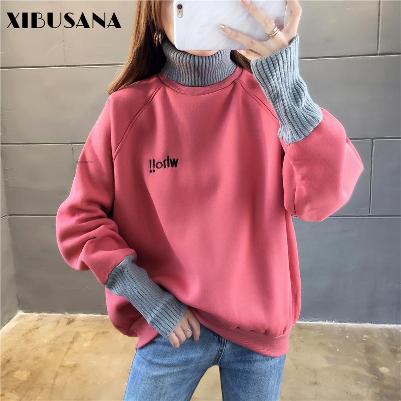 

Women's Hoodies & Sweatshirts XIBUSANA 2021 Winter Polyester Pullovers Letter Turtleneck Women Embroidery Loose Vinatge Fake Two Pices Tops, Blue