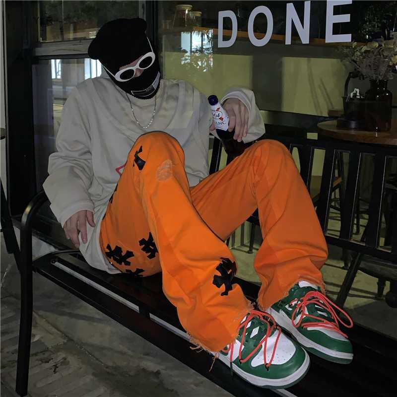 

Jiwear too busy crosin ch co branded ow cross skinned jeans silver button orange casual flared pants, Black