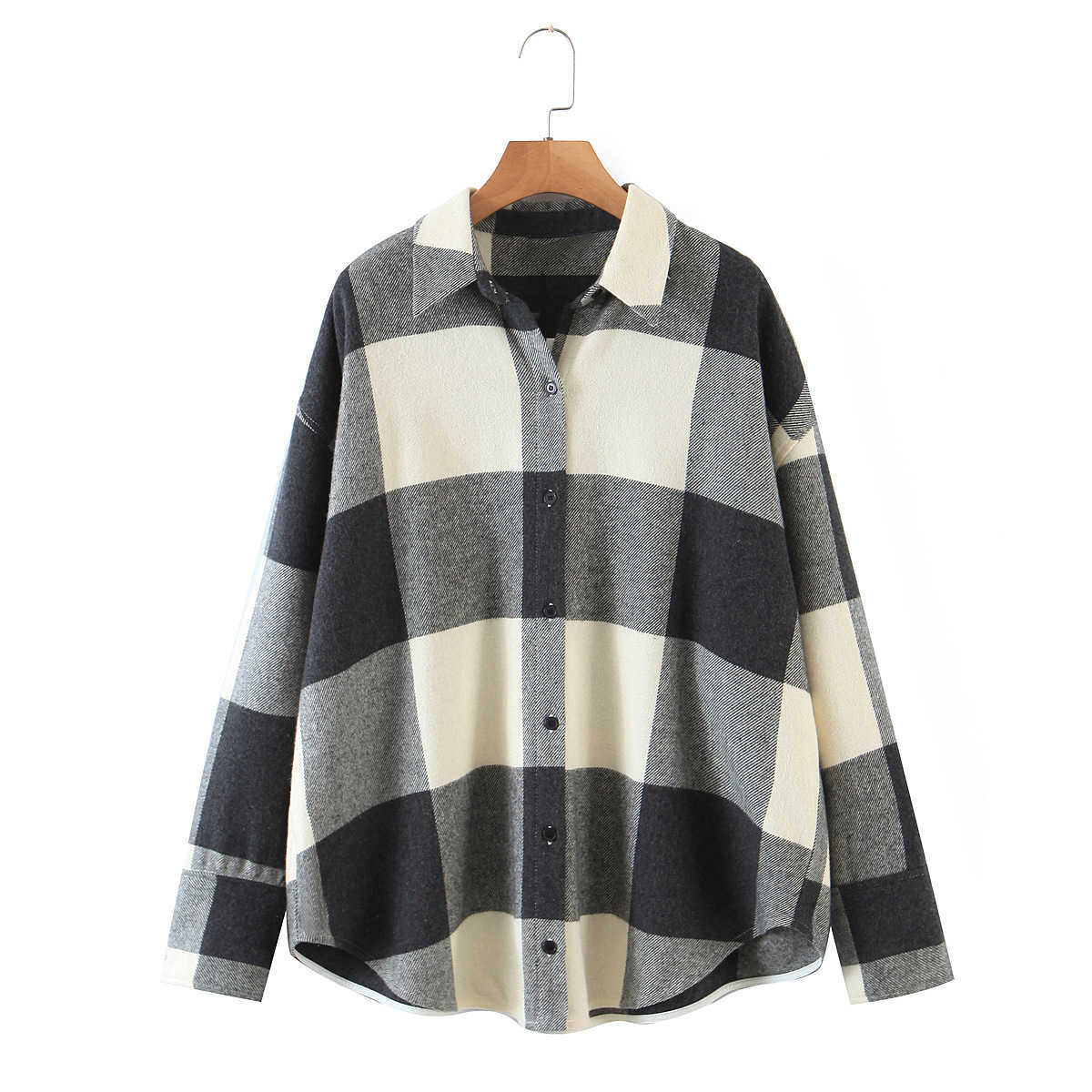 

Autumn/winter Fashion Women Plaid Shirt Checked Blouse Long Sleeve Loose-fitting Oversize Woolen Shirts Jacket for Female 210607, Picture