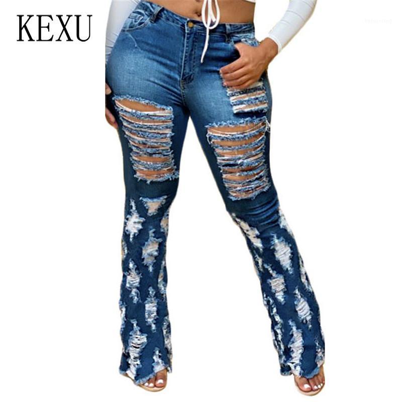 

Plus Size -XXL High Waist Flare Jeans With Holes Pockets Streetwear Women Trousers Bell Bottoms Skinny Denim Pants Women, Blue