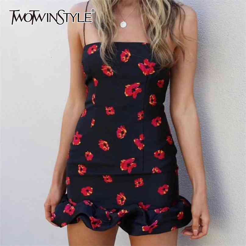 

Print Sexy Party Dress For Women Square Collar Spaghetti Strap Mini Puff Hem Dresses Female Summer Fashion 210520, As picture