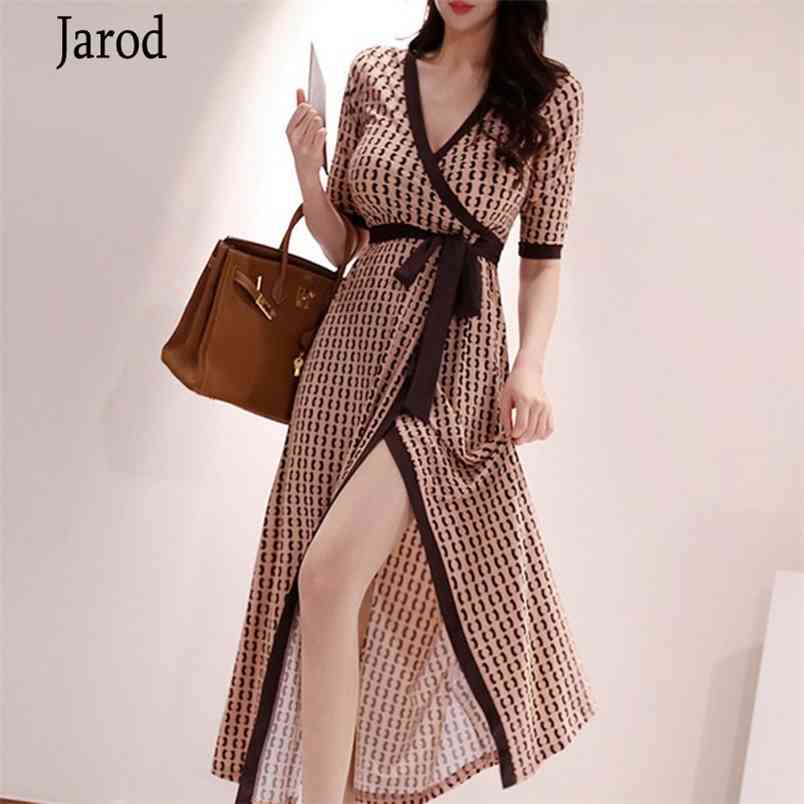 

Summer Korea Sexy V-Neck Maxi Dress Women's High Waist Sashes Vintage Print Split Casual Long Vestidos 210519, Picture color