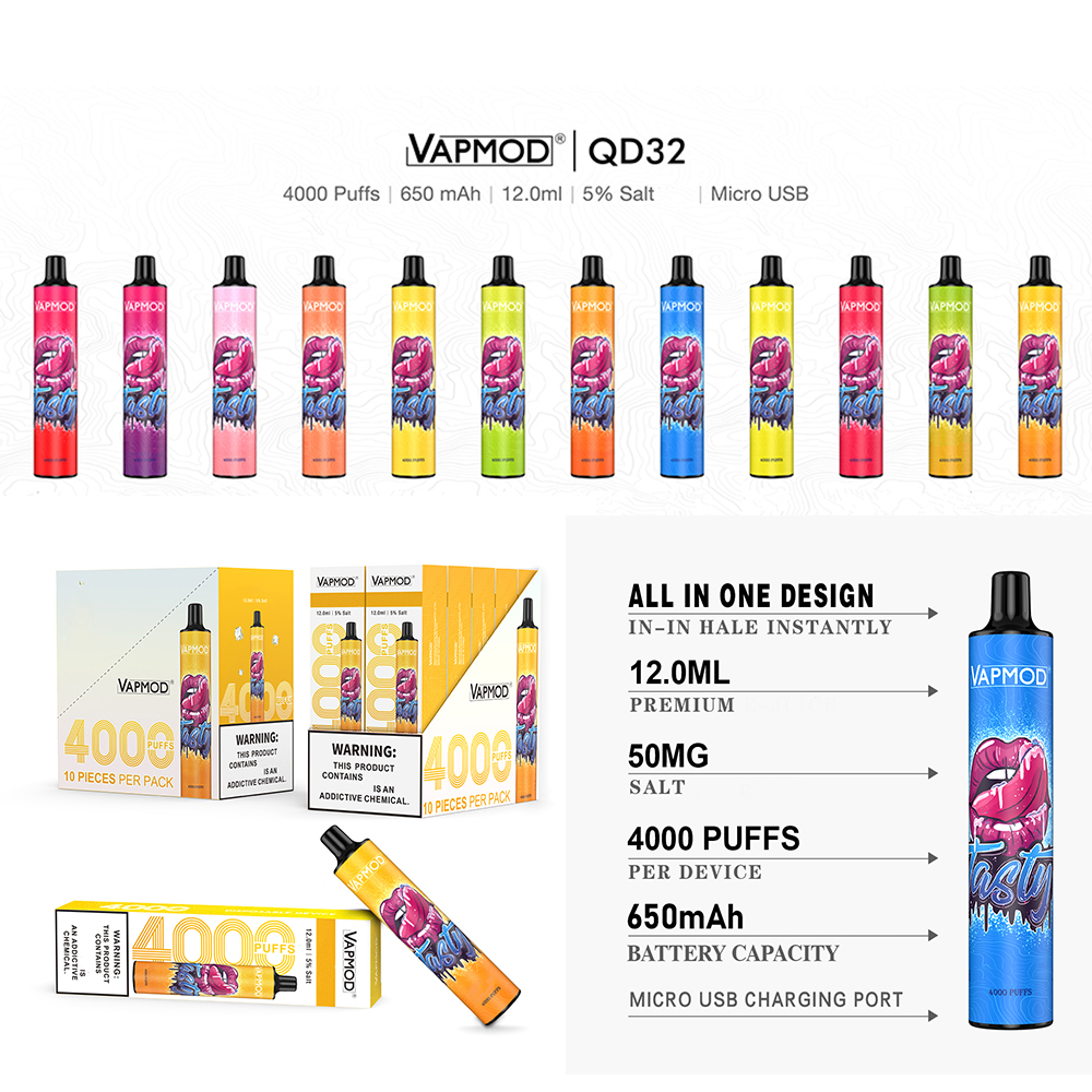 

Original Vapmod QD32 Disposable Pod Device Kit E-cigarettes 4000 Puffs 650mAh Rechargable Battery Prefilled 12ml Cartridge Vape Pen 4000Puffs