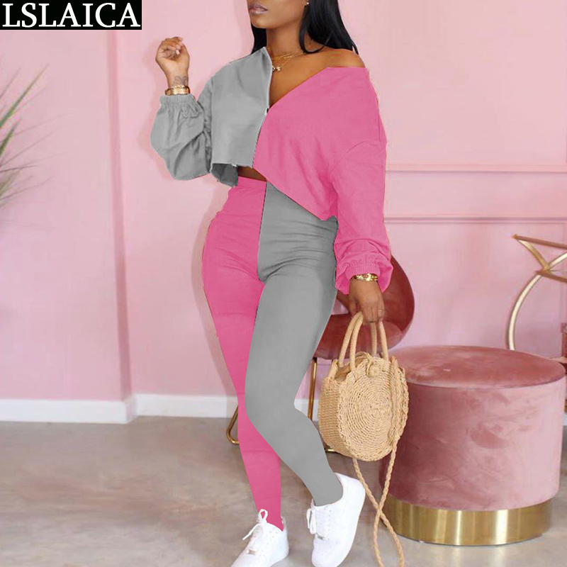 

Two Piece Set Top And Pants Color Matching Casual Long Sleeve o Neck Trousers Sets Outfit Autumn Women Tracksuit 210520, Fuchsia