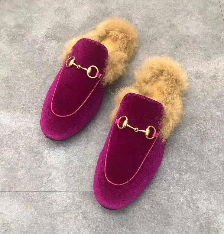 

Sale-Women Fur Slippers Mules Flats Suede mule shoes Designer Fashion Genuine Leather Loafers Shoes with Metal Chain