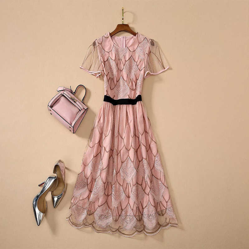 

HIGH QUALITY Fashion Designer Runway Dress Women' O-Neck short Sleeve Embroidery Gauze 210526, Blue