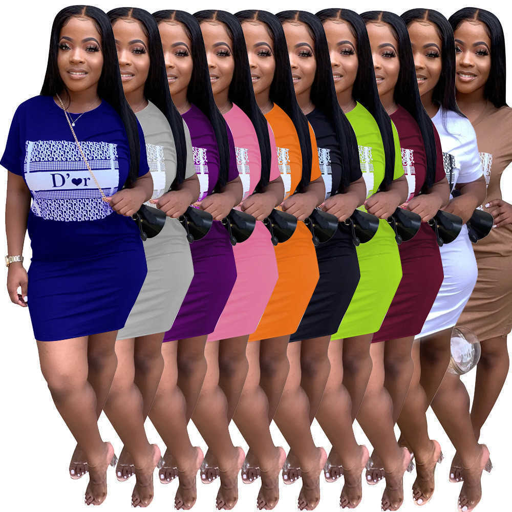 

Summer Women Plus Size Dresses Fashion Letter Printed Crew Neck Panelled Mini Skirt Ladies Loose Short Sleeve Casual Dress Clubwear, Blue