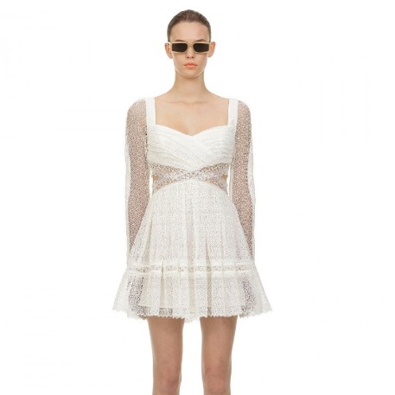 

Spring Elegant V-neck Long Sleeve Mini Dress Female 2020 High Quality White Hollow Out Lace Dress Women, Black;gray