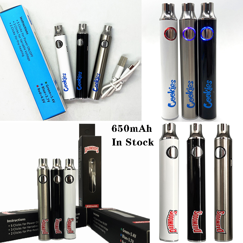 

USA STOCK ECIG Vape Batteries Cookies 650MAH Variable 3 Voltages Long Standing High Quality Vaporizer D8 Cartridge Preheating Battery with Rechargeable Cable